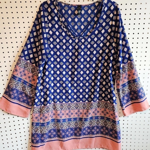 ING Women's Size L Blue Pink Printed Shift Dress BOHO Diamond Design Long Sleeve - Picture 1 of 10